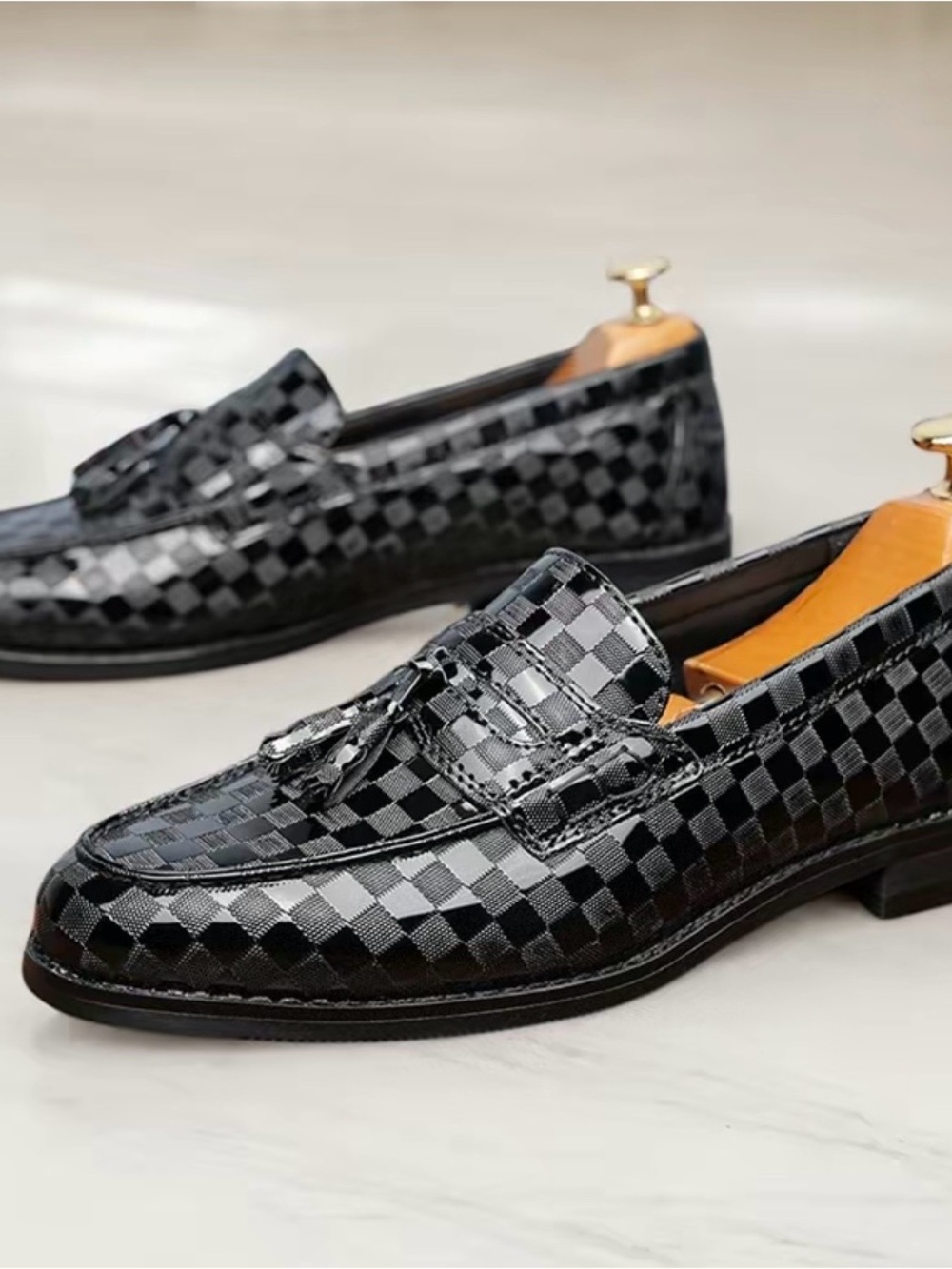 NEW Men’s British Style Black Checker Tassel Loafers Elegant Dress Shoes 44